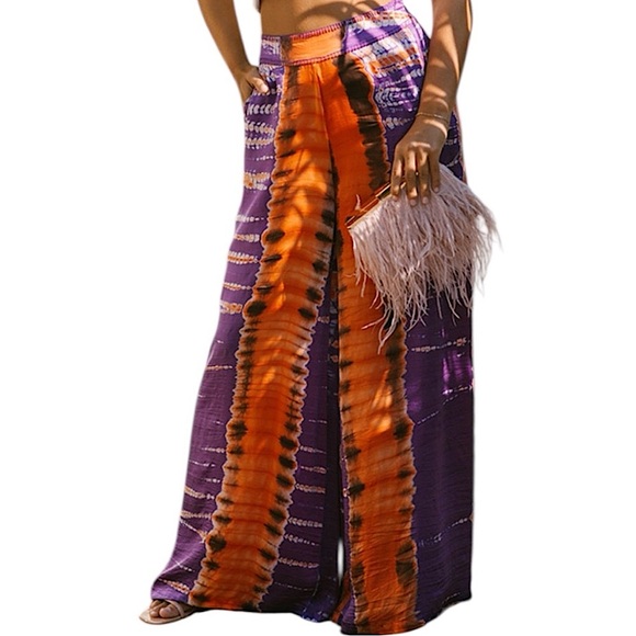 Carolina K Pants - CAROLINA K High Waisted Plazzo Pants Tie Dye Purple & Orange Size S